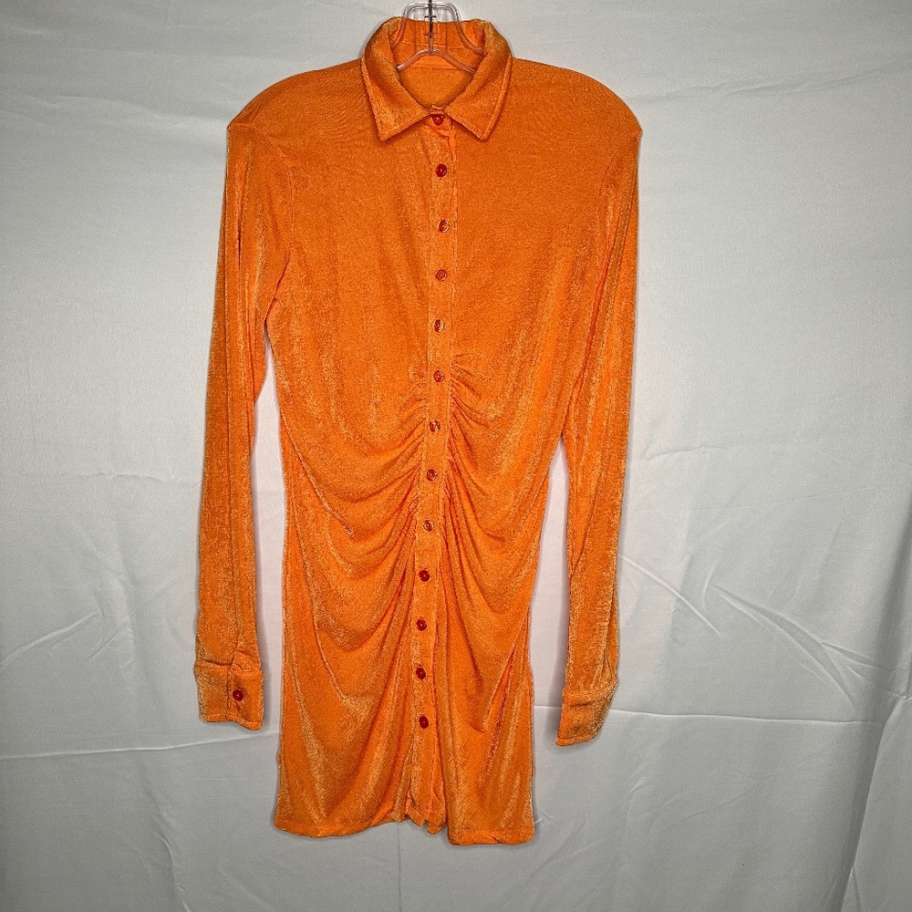 Orange Ruched Button Down Dress
